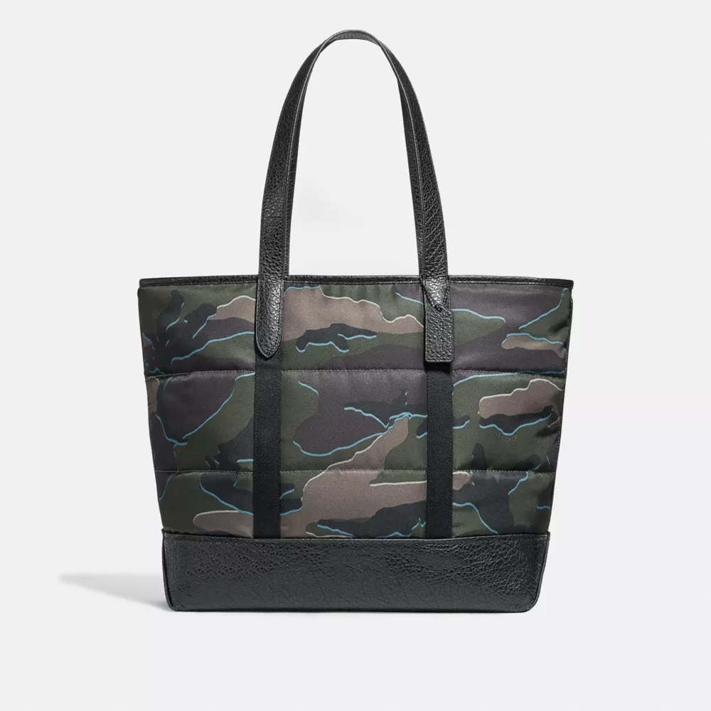 Coach West Tote Bag in Camouflage with Black Pebbled Leather Bottom and Straps
